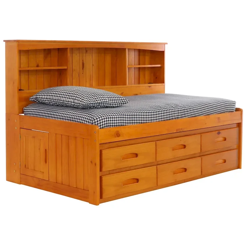 OS Home and Office Furniture Model , Solid Pine Twin Daybed with Six Drawers in Warm Honey