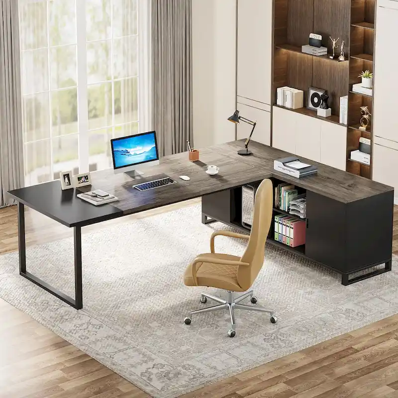 L-Shaped Computer Desk with File Cabinet | White/Black/Grey/Beige | 2-Person