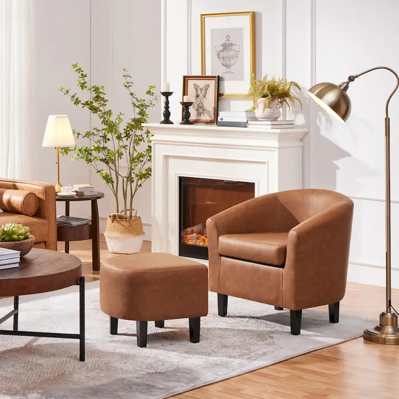 Accent Chair Faux Leather Club Chair and Ottoman Set