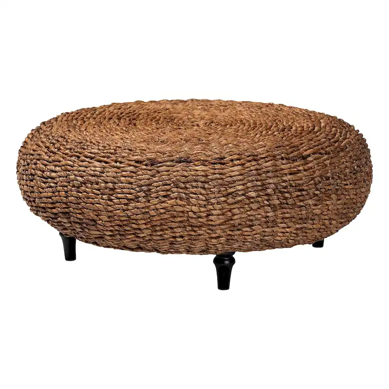 Riau Handwoven Seagrass Coffee Table with Wooden Legs - Natural Wicker Round Living Room Table for Living Room or Bedroom Dcor
