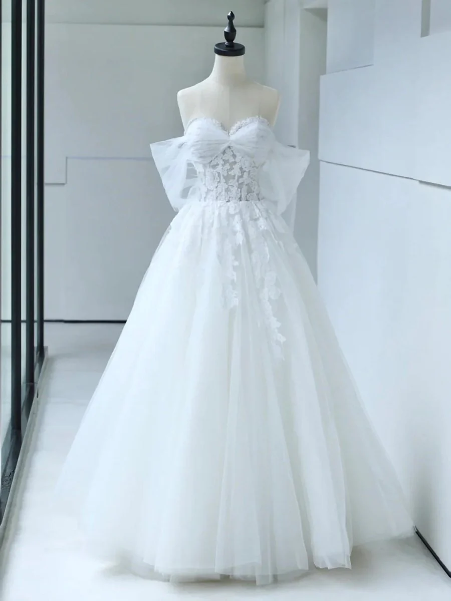 Off the Shoulder White Lace Appliques Sleeveless Lace-Up Wedding Dresses