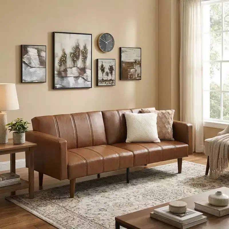 75 in PU Leather Mid-Century Futon Sofa Bed - Convertible Sleeper with Adjustable Backrest, Loveseat & Side Pockets, Living Room/Bedroom
