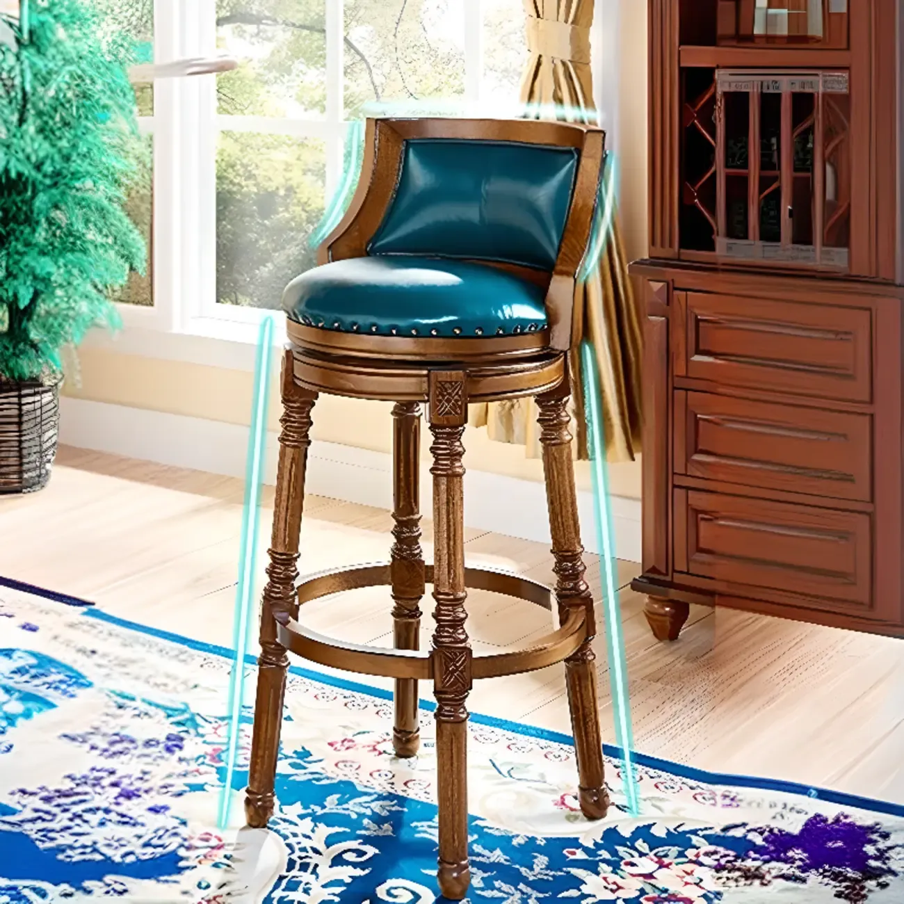 Traditional Blue Faux Leather Swivel Round Bar Stools