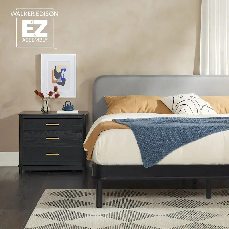 Walker Edison Solid Wood King Bed with Curved Upholstered Headboard