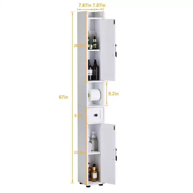 VECELO Tall Bathroom Cabinet Slim Narrow Storage Cabinet Linen Tower with 2 Doors and 1 Drawer Floor Cabinet with Adjustable Shelves, White