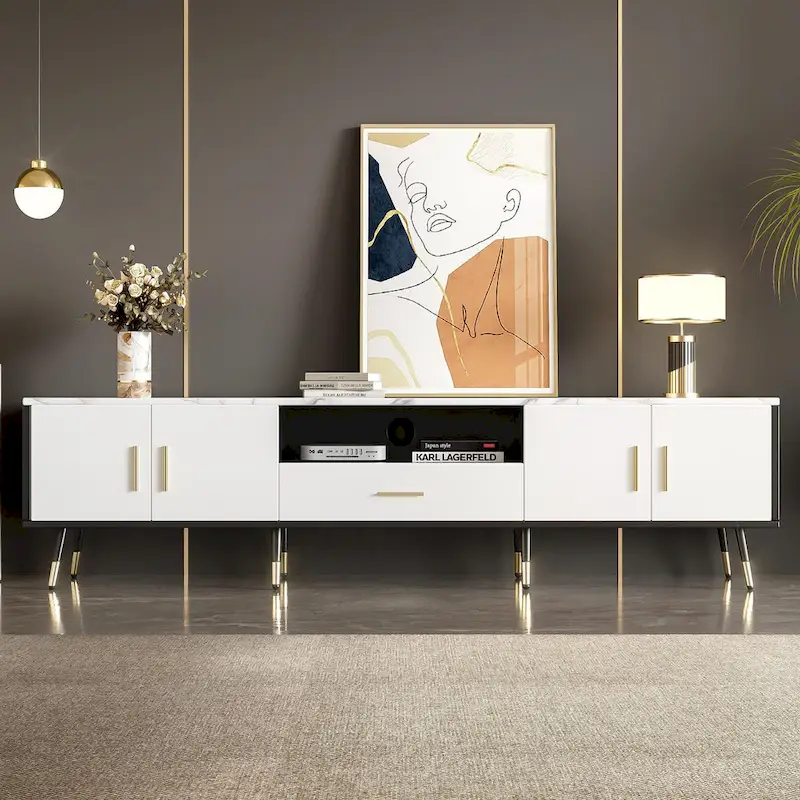 Modern TV Stand with 2 Cabinets& Open Compartments, Television Console for Living Room, Bedroom