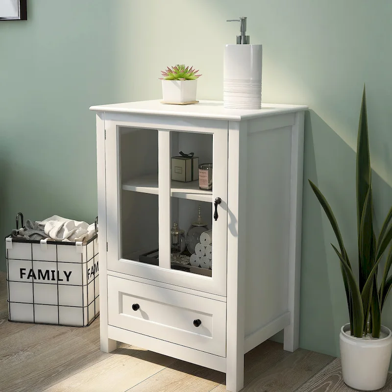 White Retro Sideboard Cabinet with Glass Doors & Bell Handle, For 1