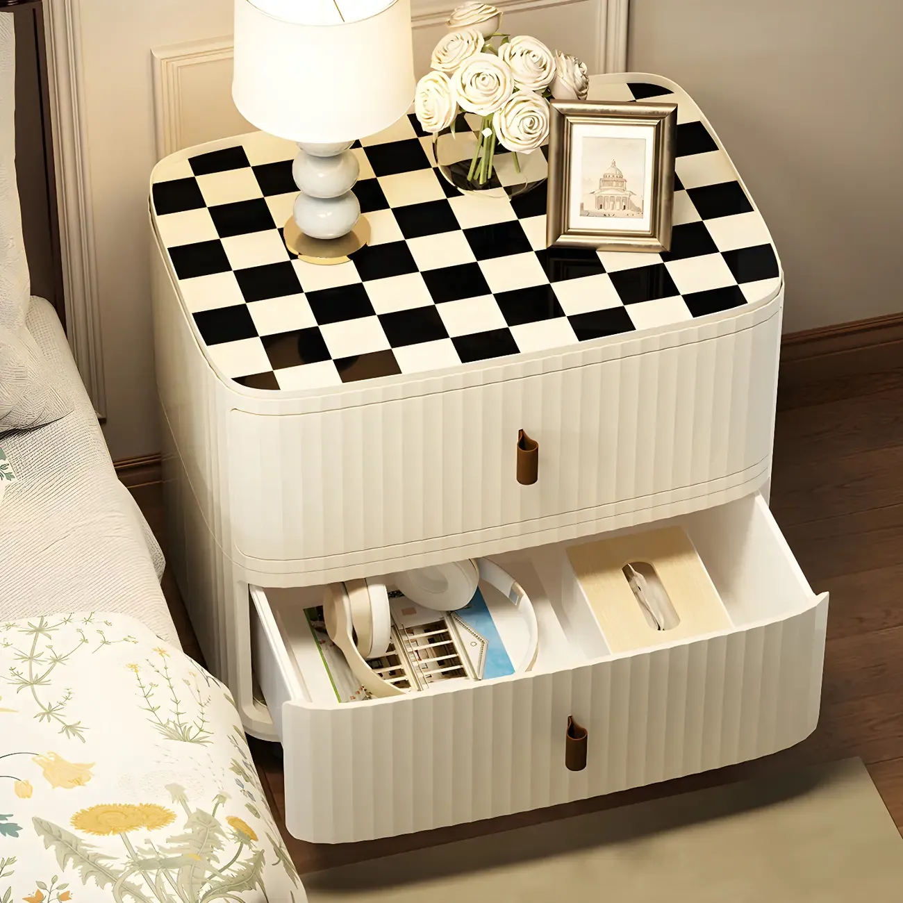 Modern Black And White Grid Top Nightstands with Drawers