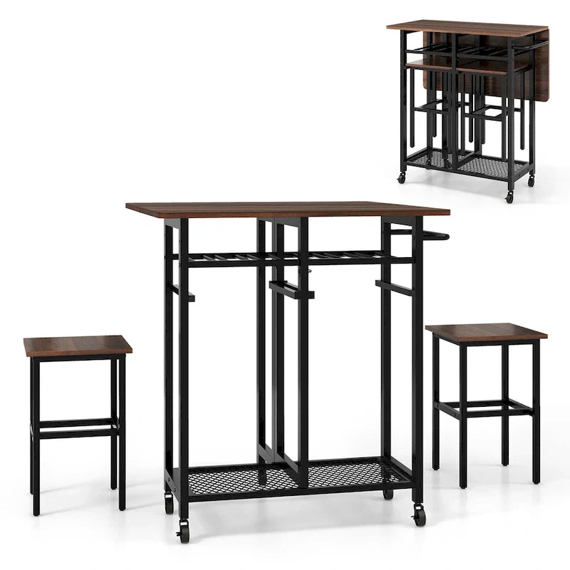 Costway 3 PCS Rolling Dining Table Set Extendable Kitchen Table 2