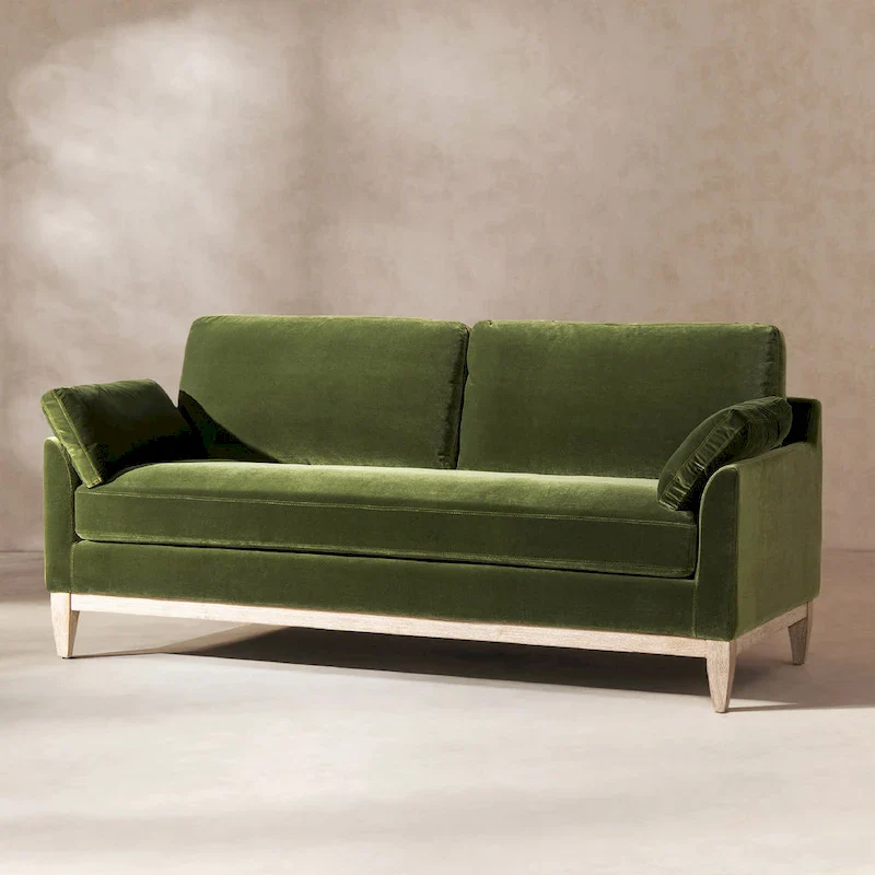 Velvet Sofa with Loose Pillow-Back and Wood Base - 75.5 Inch