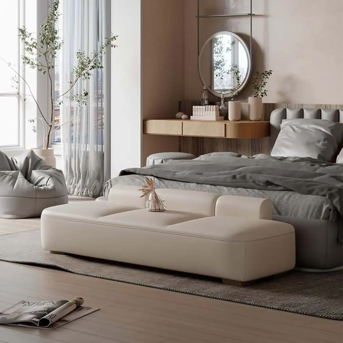 Modern Upholstered Leather Tufted Long Bedroom Bench