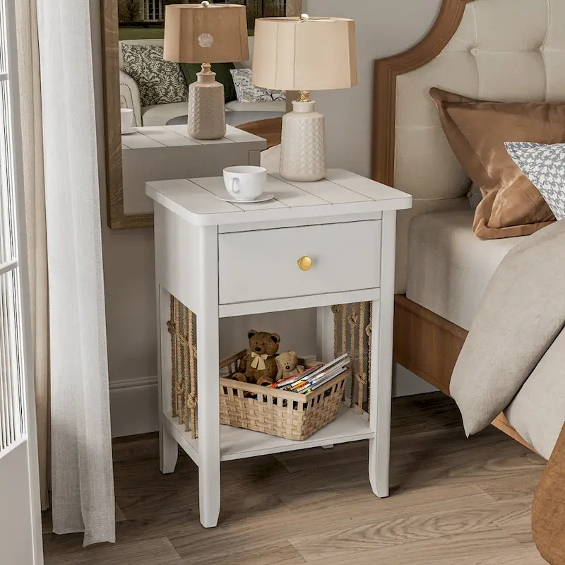 COSIEST Distressed White End Table with Drawer - 14 D x 18 W x 26.4 H