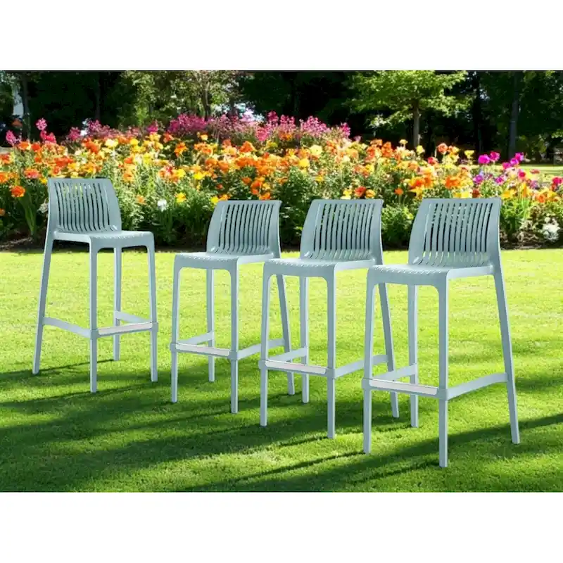 HomeRoots Set of Four 30 Baby Blue Heavy Duty Plastic Low Back Outdoor Bar Height Chairs