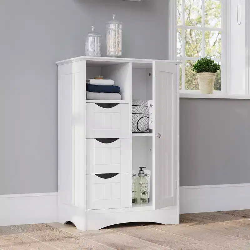 RiverRidge Ashland Single Door Bathroom and Laundry Storage Cabinet with 3 Drawers, Open and Adjustable Shelf