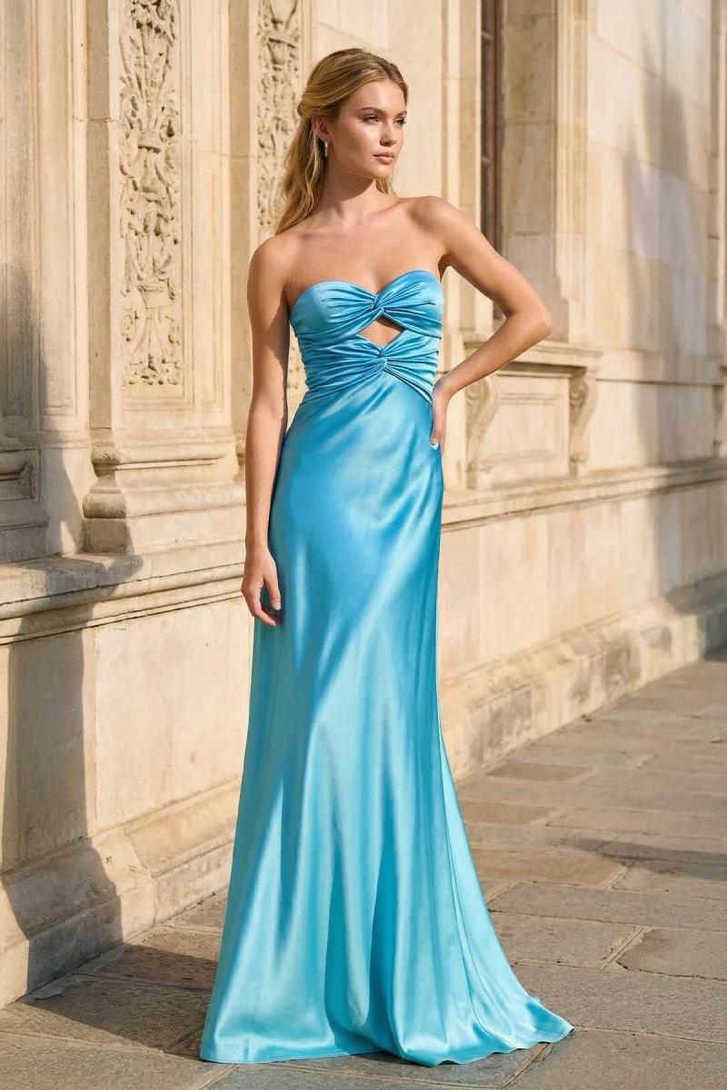 Blue Strapless Sheath Satin Cutout Long Prom Dresses With Bow