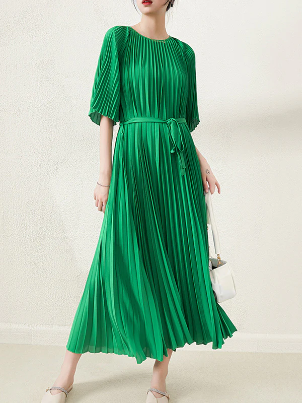 flowersverse Loose Pleated With Waistband Solid Color Round-Neck Maxi Dresses