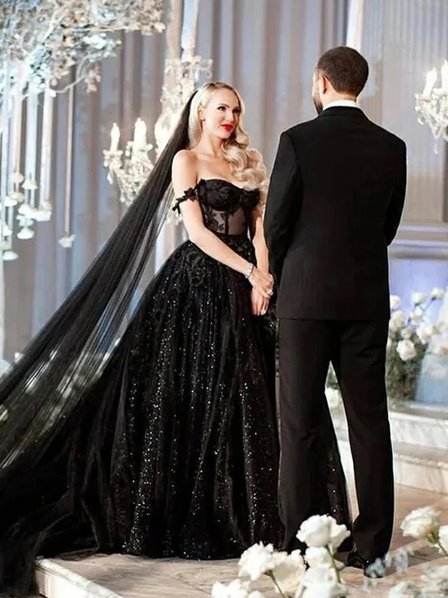 A-Line Black Gothic Wedding Dresses with Sequin Lace Appliques
