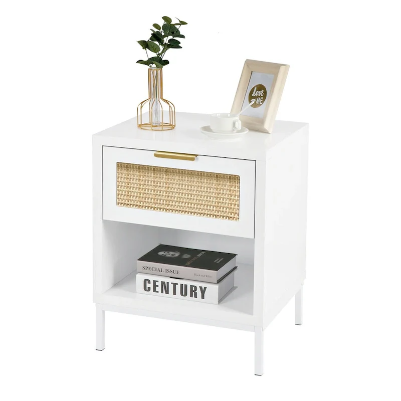 Anmytek Mid-Century Modern 1-Drawer White Nightstand Wood Bedside Table with Storage Shelf for Bedroom