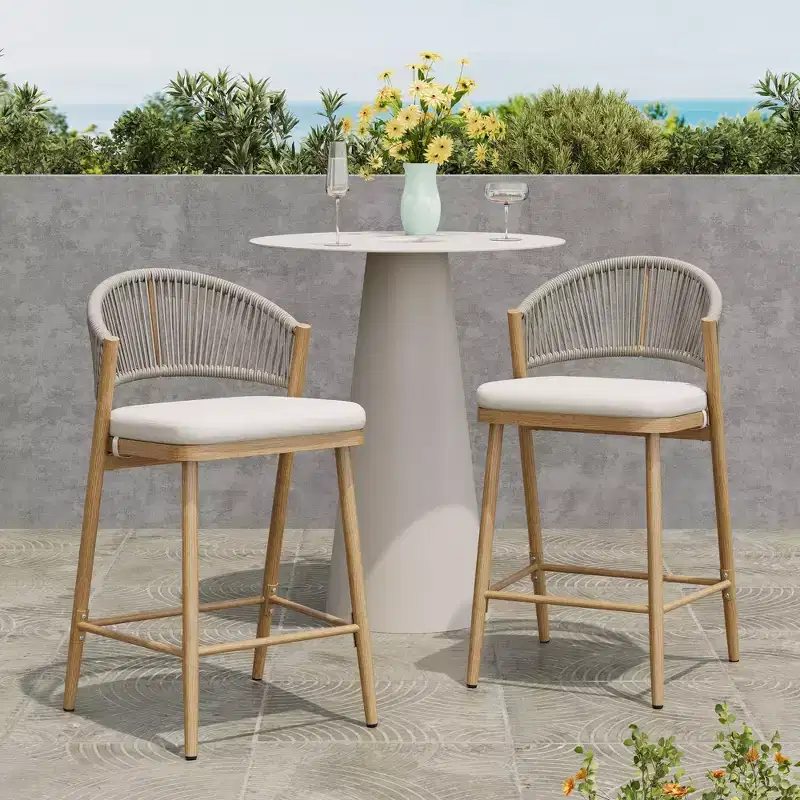 26 Outdoor Counter Stools Set of 2, Aluminum PE Rattan Backrest, Maple Finish Patio Bar Stools