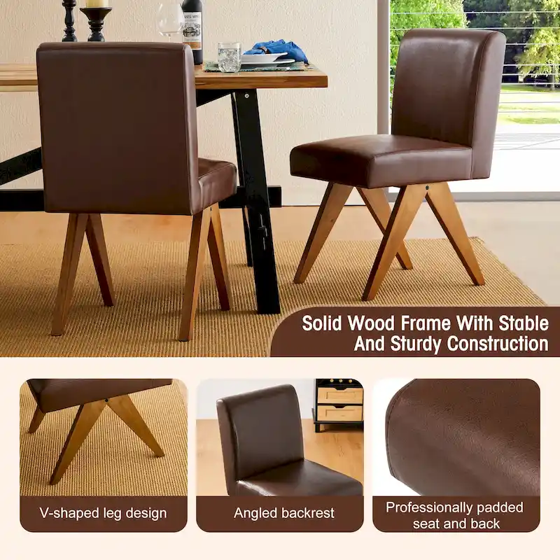 Glitzhome Set of 4 Faux Leather Upholstered Side Dining Chairs with V-shaped Wood Legs