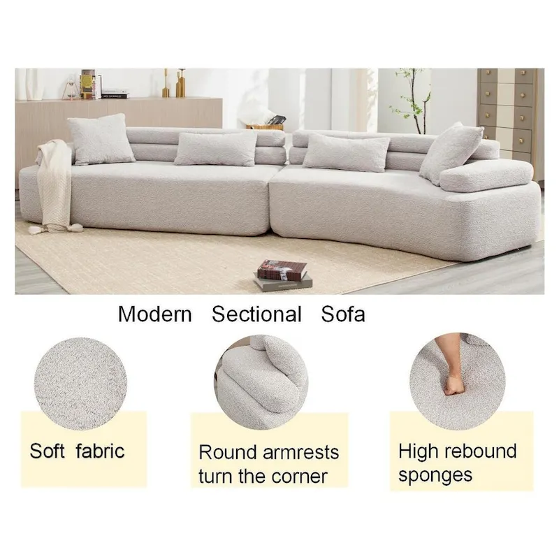 Modern Boucle 4-Seater Upholstered Sectional Sofa with 4 Pillows