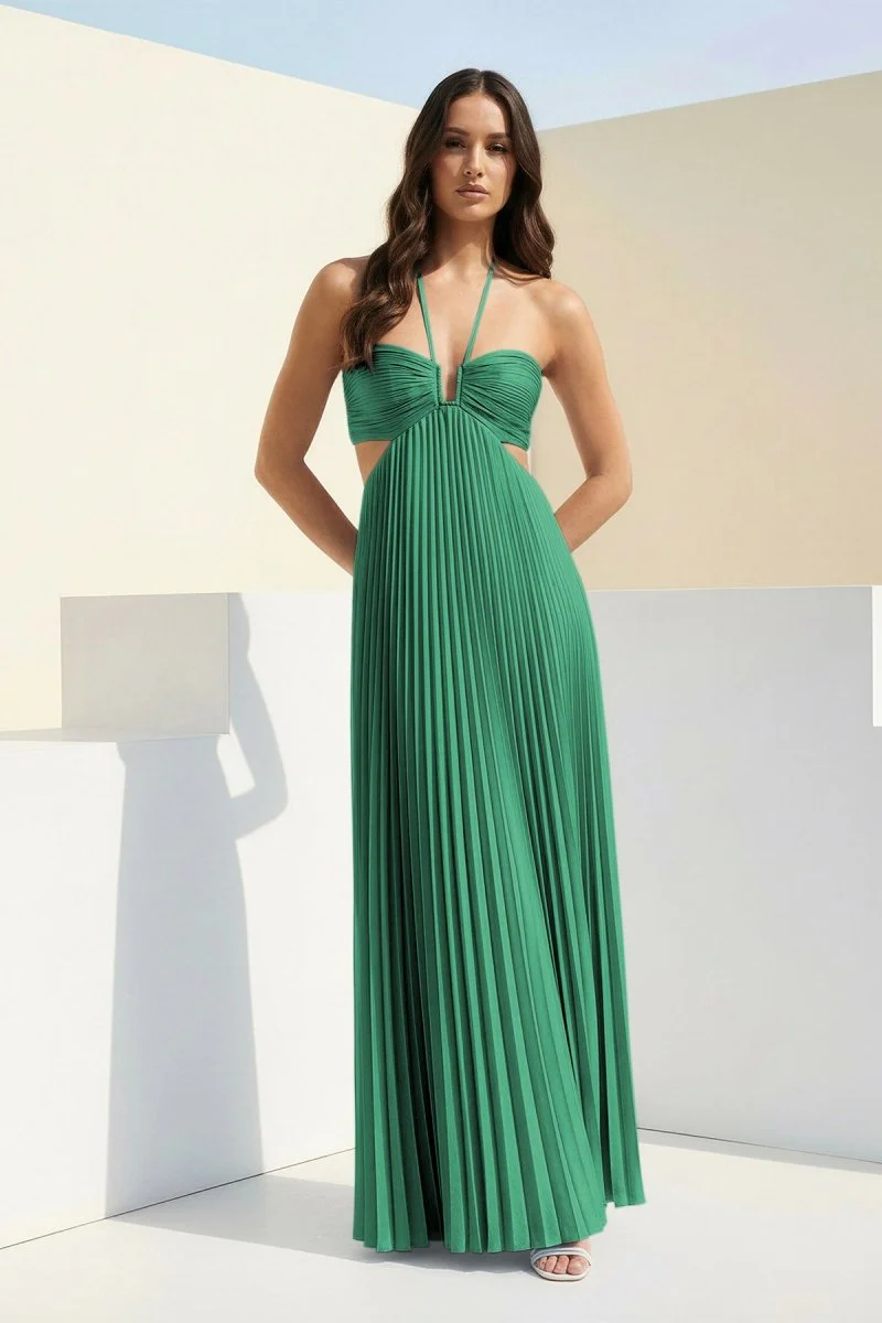 Sky Blue Halter Pleated Satin A Line Prom Dresses With Cutout