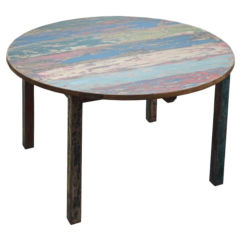 Chic Teak Round Dining Table made from Recycled Teak Wood Boats, 48 inch - Multi