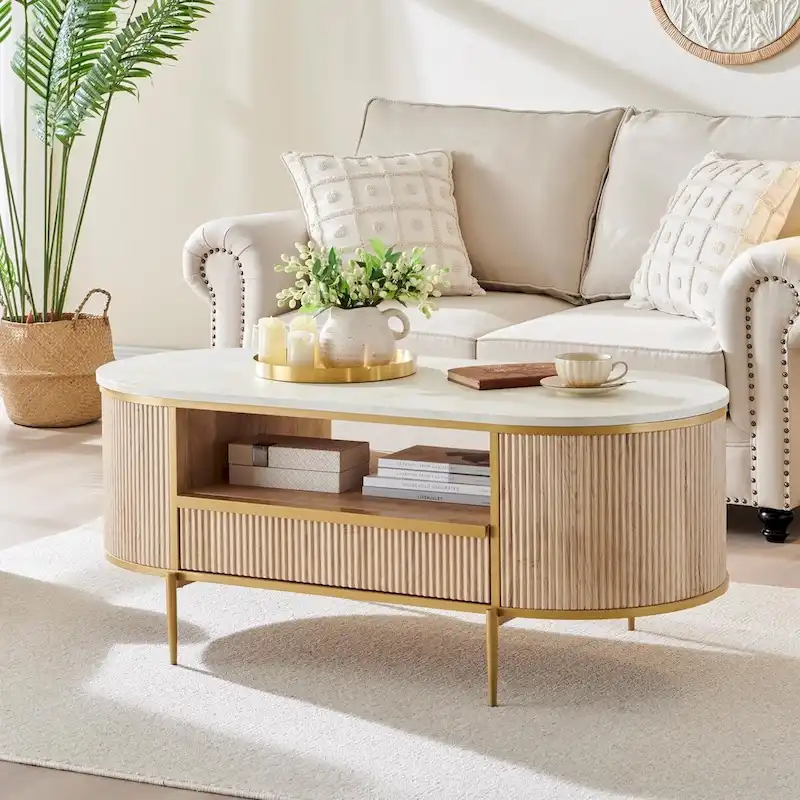 Fluted Panel Coffee Table with Drawer & Open Cubby – Natural Oak / Solid White / Navy Blue, Single