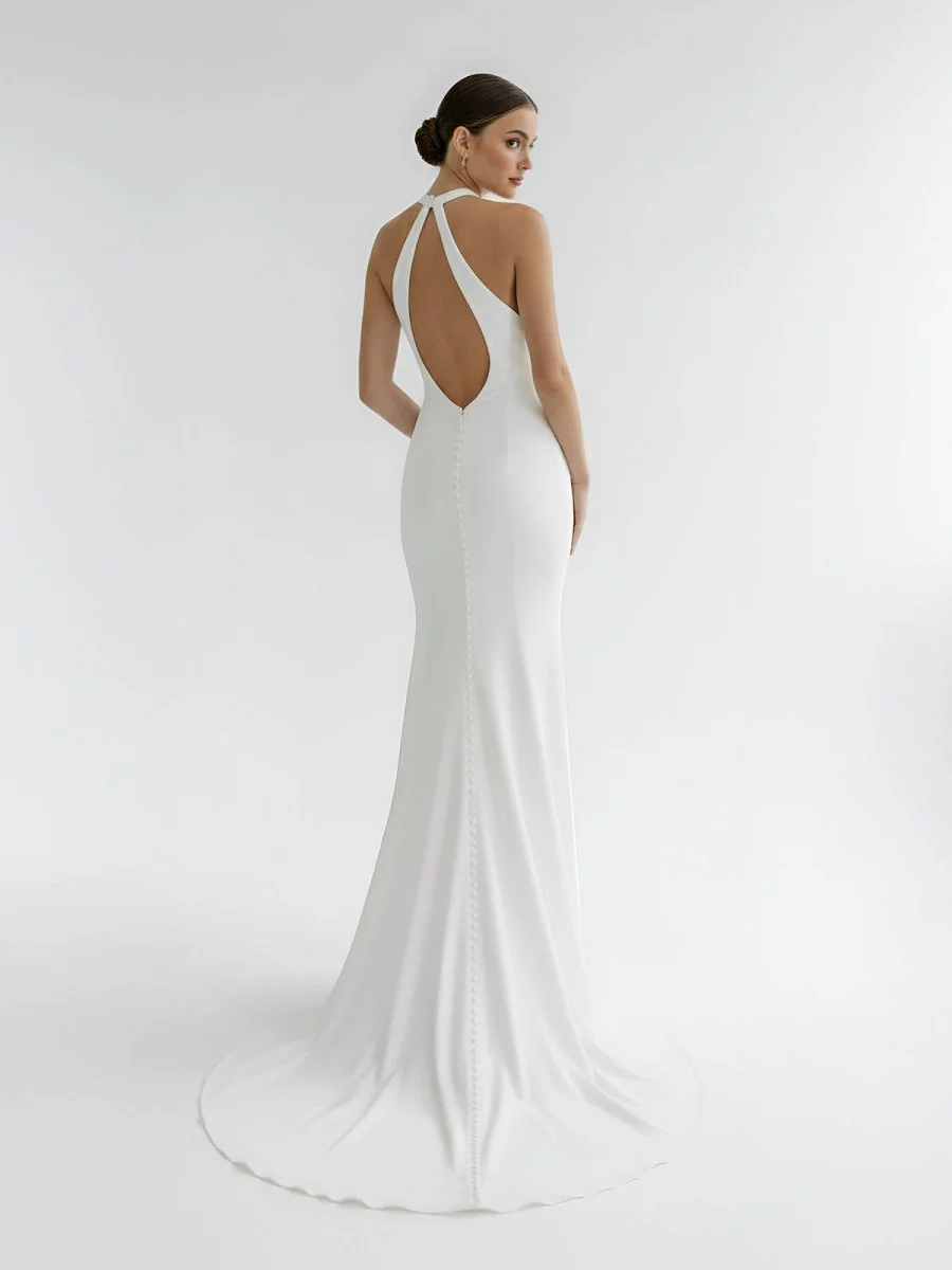 Simple White Halter Open Back Long Wedding Dress