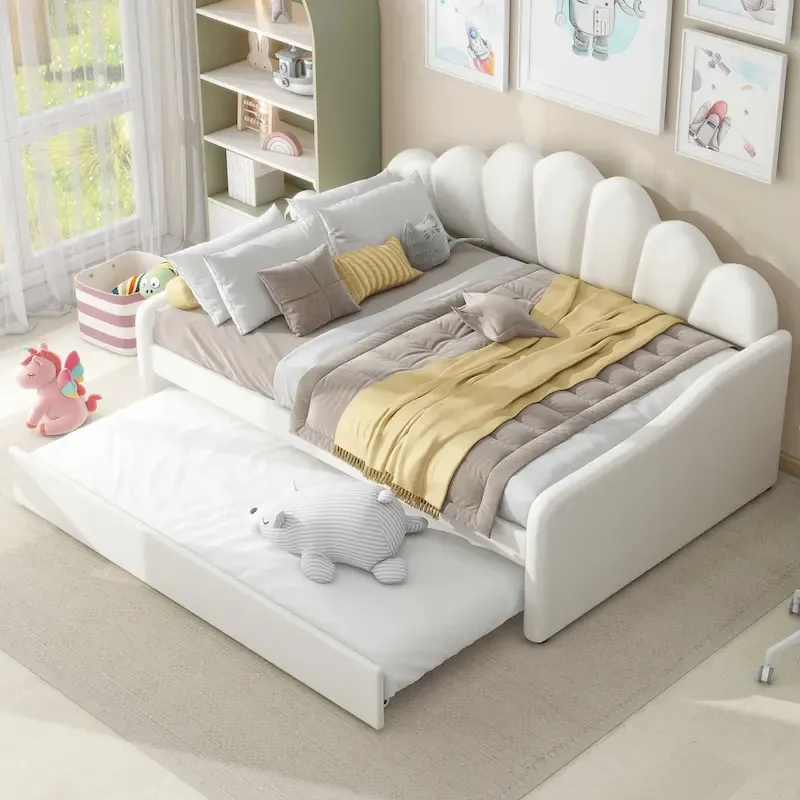 Full Size Upholstery Daybed Frame with Shall Shaped Backrest and Trundle,White