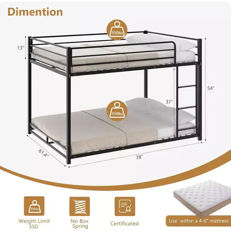JOYMOR Metal Bunk Bed Full Over Full, Twin Size Bed Frame for Boys Girls, Junior, Low Profile Bunk, Space Saving Design, Mattress Not Included (Black)
