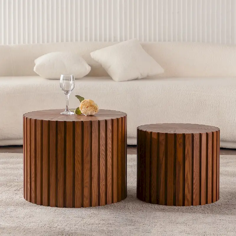 Walnut Round Coffee Table, MDF Top, Relief Carved Sides, 1-Person