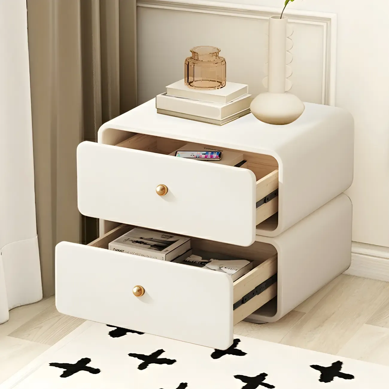 Modern White Faux Leather Rounded 2-Drawer Nightstand