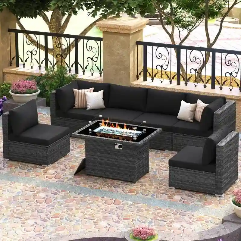 FINCATI Outdoor 7-piece High-back Wicker Patio Sectional Set with 43