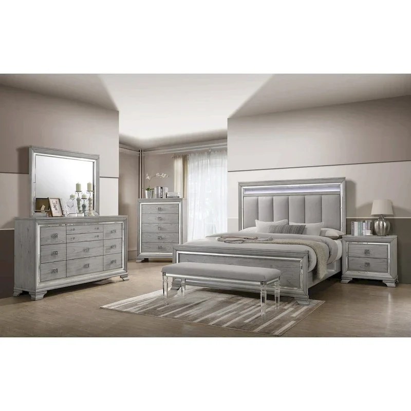 Evonne 6 Piece Gray LED Upholstered Panel Bedroom Set