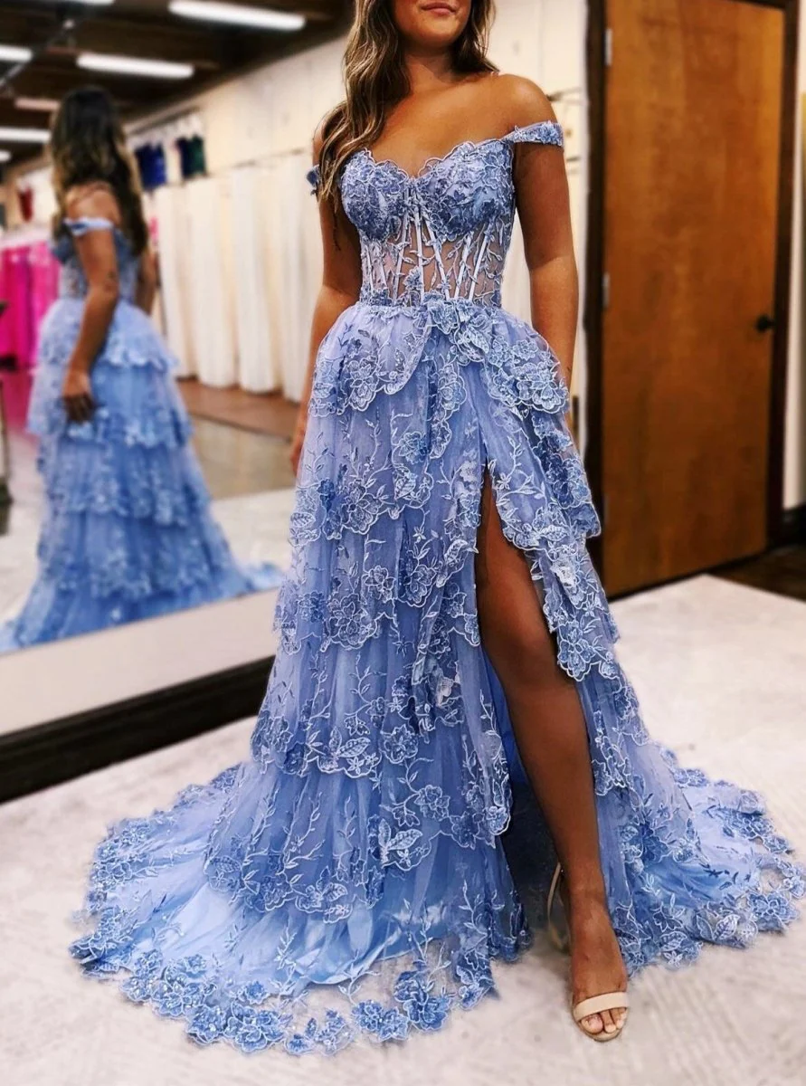 Periwinkle Tulle Appliques Off-the-Shoulder Ruffle Long Prom Dress