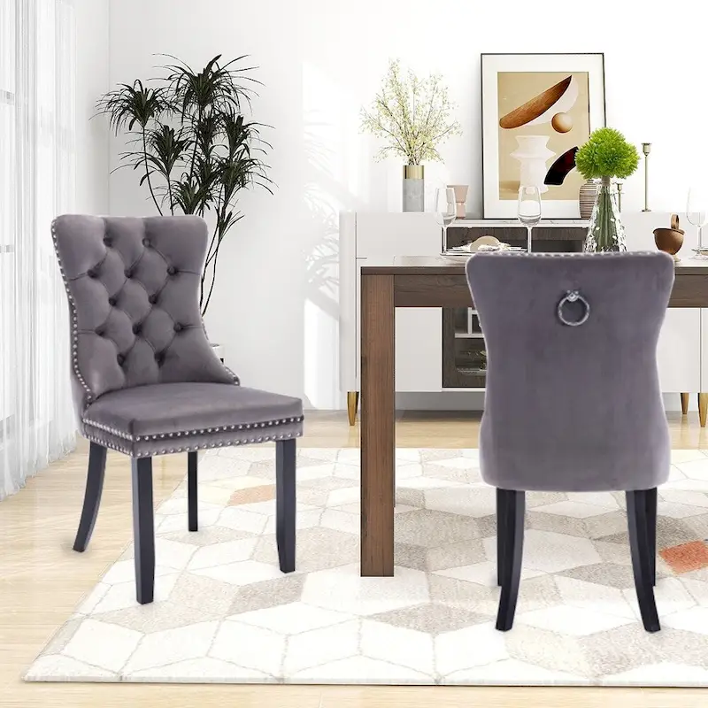 Velvet Dining Chairs Set of 2, Upholstered High-end Tufted Dining Room Chair with Nailhead Back Ring Pull Trim Solid Wood Legs