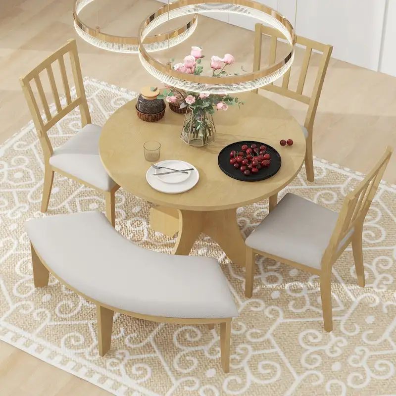 Modern Country Dining Table and Chair Sets Multi-Functional Dining Table and Chair Sets with Curved Table Base and Curved Bench
