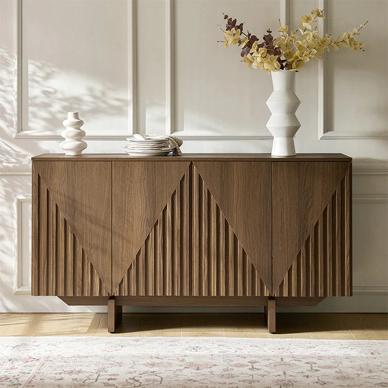 MDF Buffet Sideboard with Deep Embossed Texture, 4 Cabinets, Adjustable Shelves & Cable Management Holes | Walnut / Black | Single