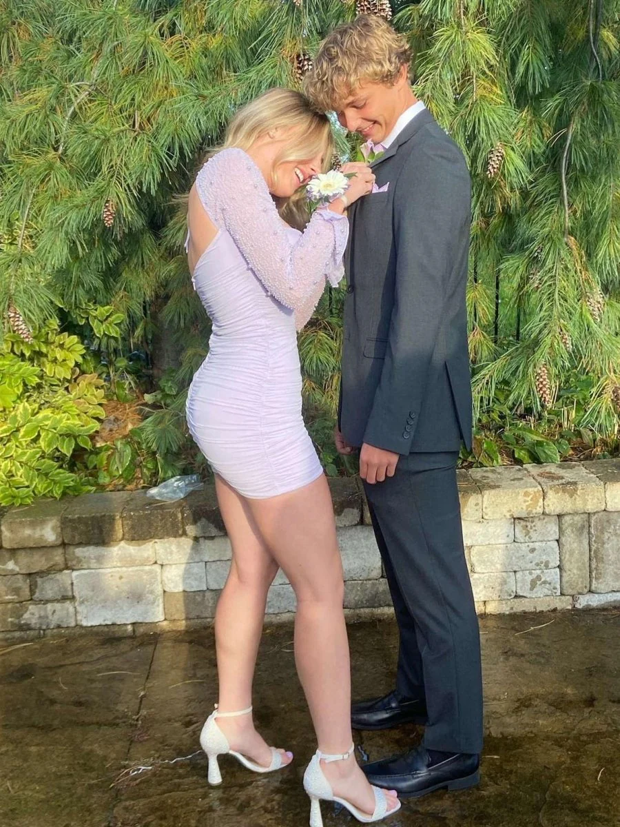 Lilac - Sweetheart Long Sleeves Bodycon Homecoming Dresses With Pearls