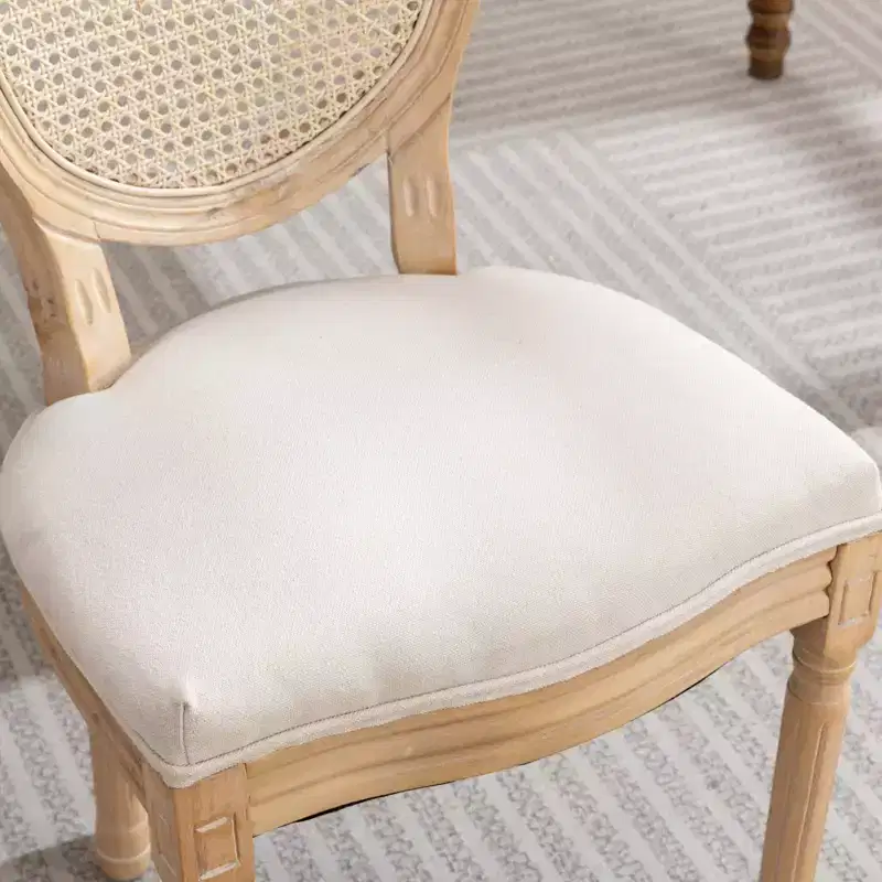 Set of 2 French Style Dining Chairs Upholstered Chairs Accent Chairs Armless Chairs with Rattan Back/Upholstered Back, Natural+Beige/Gray-ModernLuxe