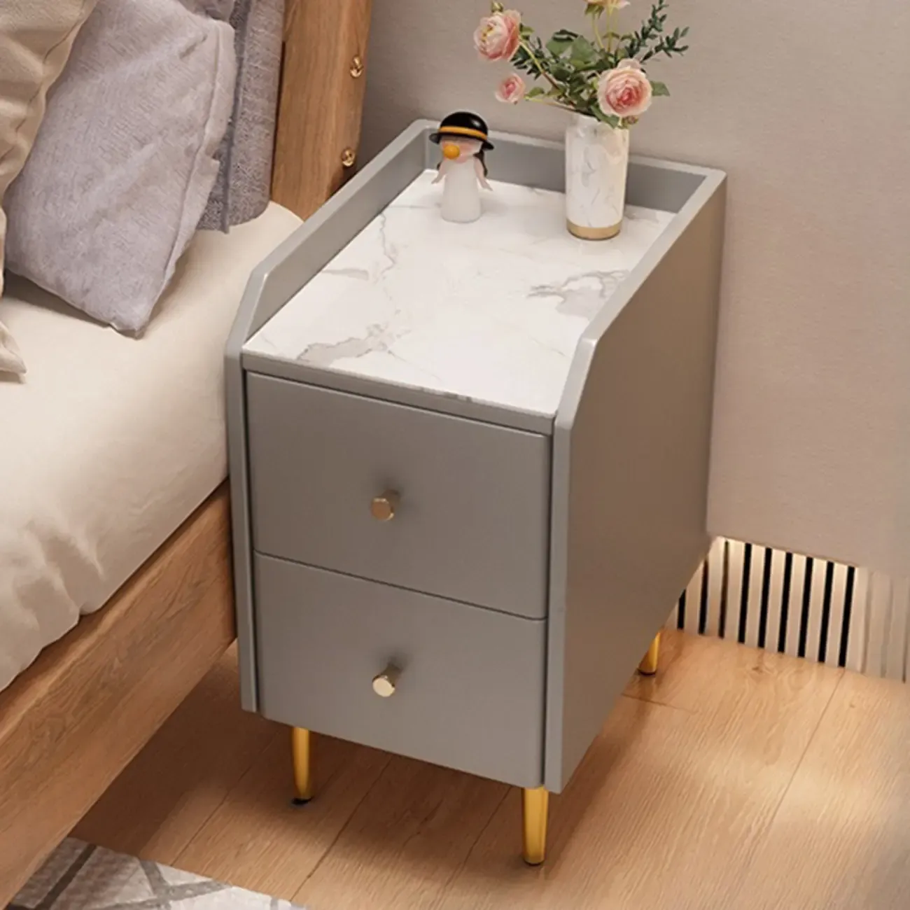 Narrow Faux Leather Drawer Nightstand with Stone Countertop