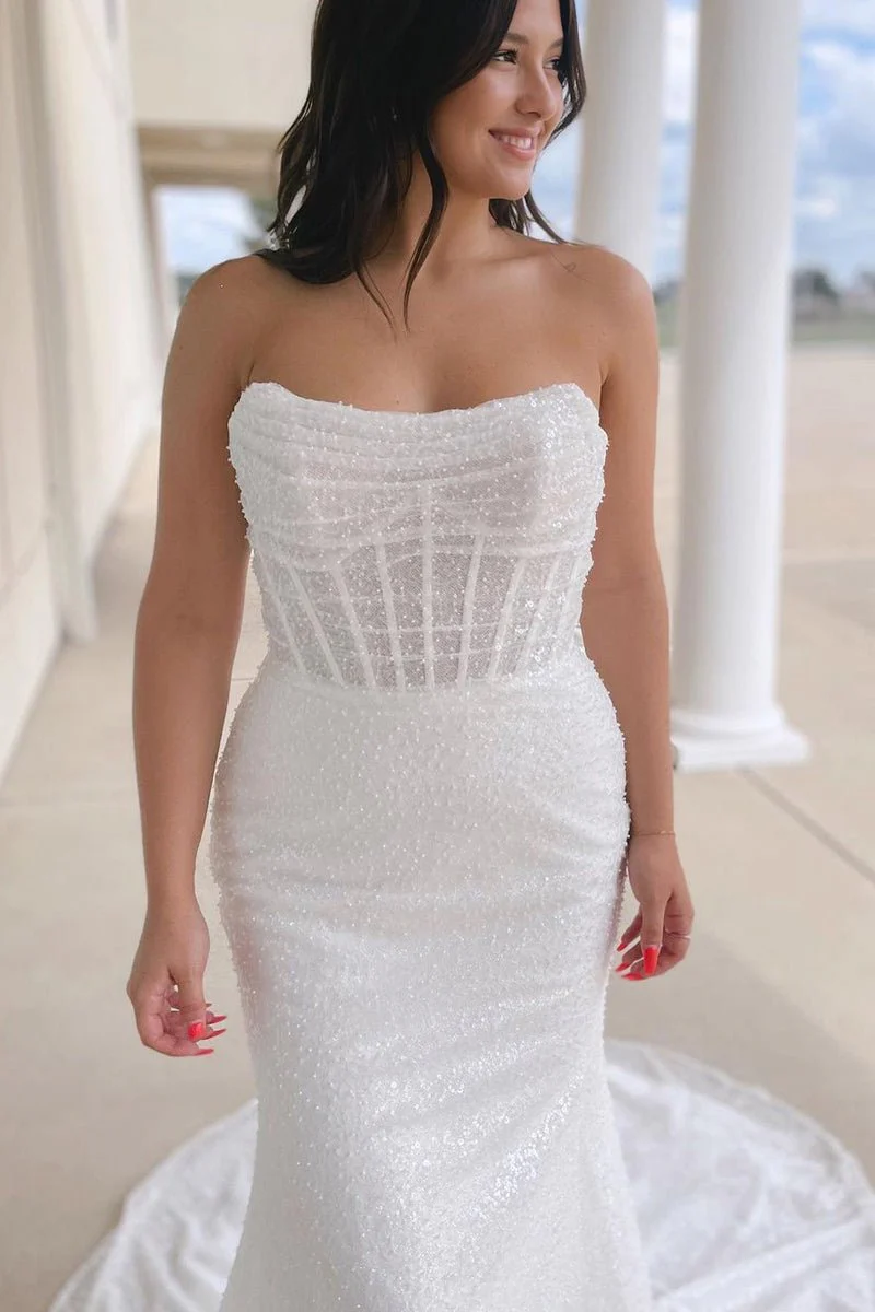 Sparkly White Sequins Mermaid Strapless Wedding Dresses