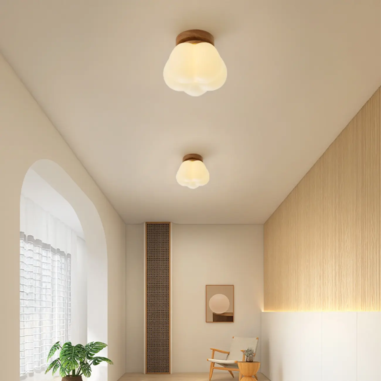 Modern Small White Resin Petal Wood Semi Flush Ceiling Light