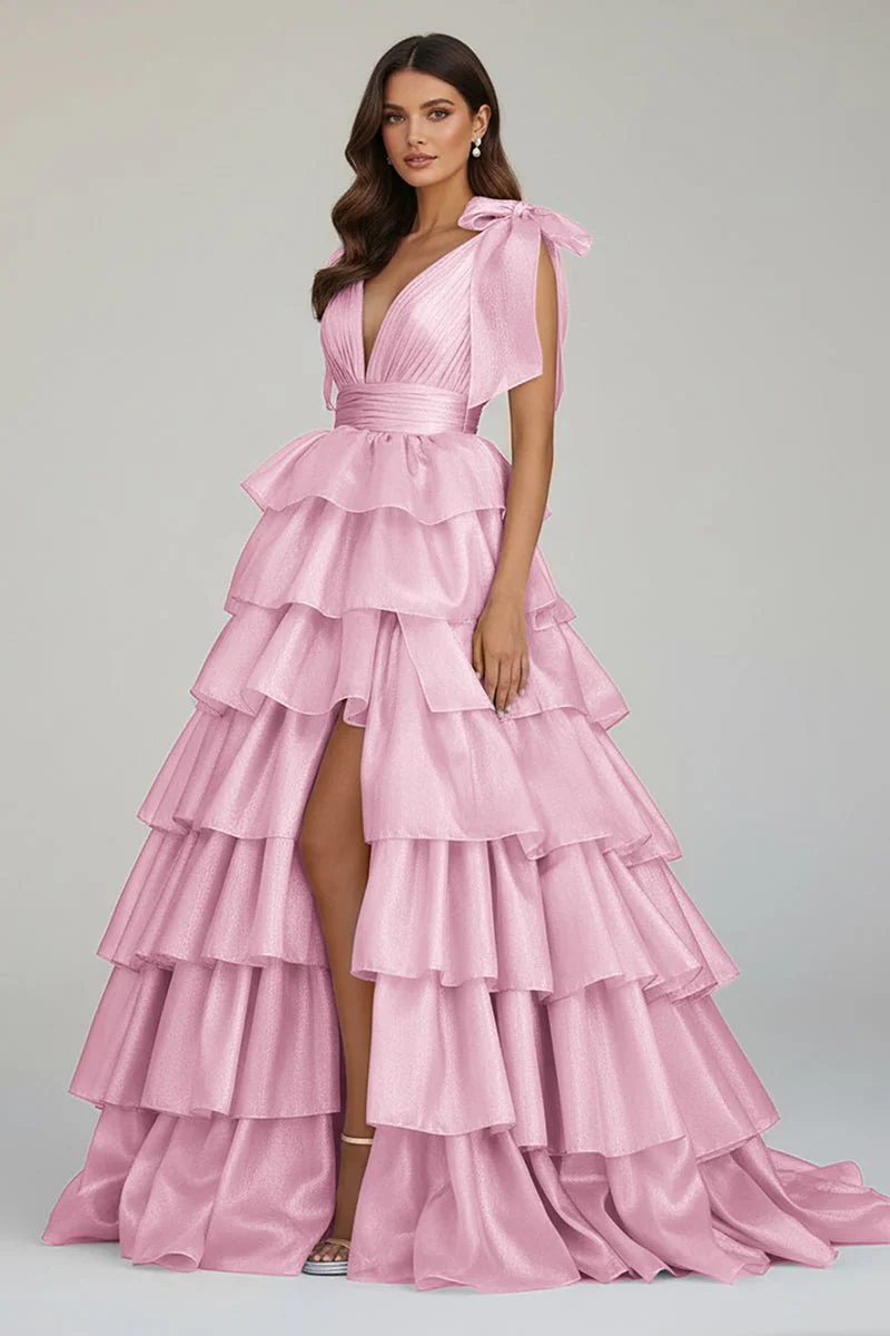 Glitter Tie Straps Pink Plunging Neck Tiered Long Prom Dress