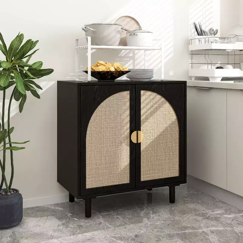 Vatros Rattan Cabinet Storange Cabinet for Living Room, 4 Door, Black