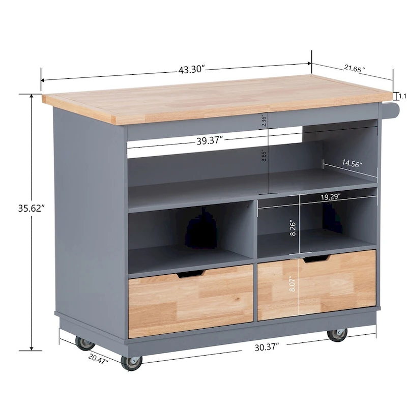 Wood Rolling Kitchen Island with 2 Drawers and 3 Open Compartments