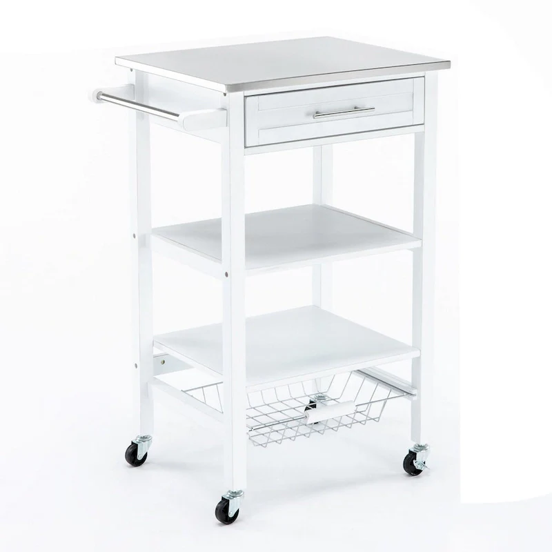 Kitchen Cart with 2 Wooden Shelves and 1 Drawer, White