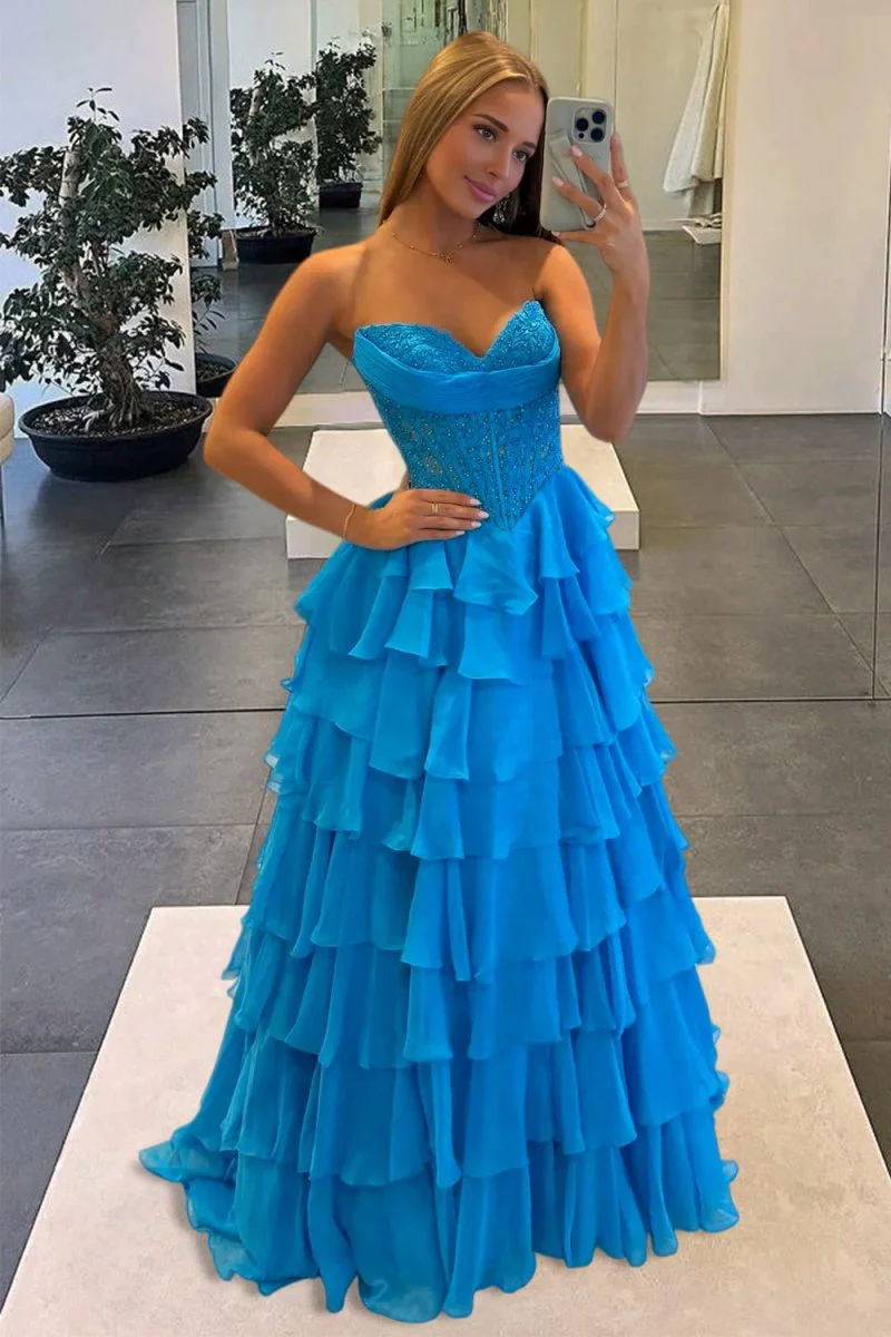 Azure - Strapless A Line Chiffon Ruffled Prom Dresses With Appliques