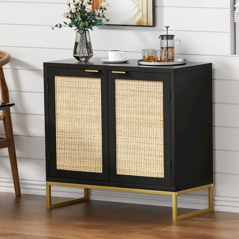 2-Door Rattan Buffet Sideboard – Black, Mid-Century Coastal Style